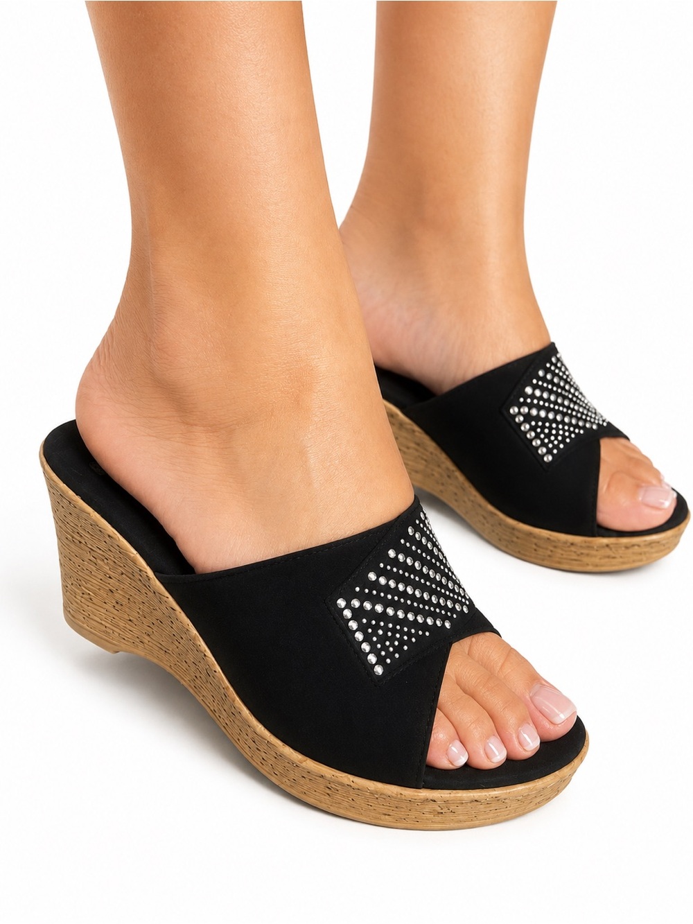 GUC Onex SZ 9 Black Sandals w/Silver Studs/Faux Cork Wedge